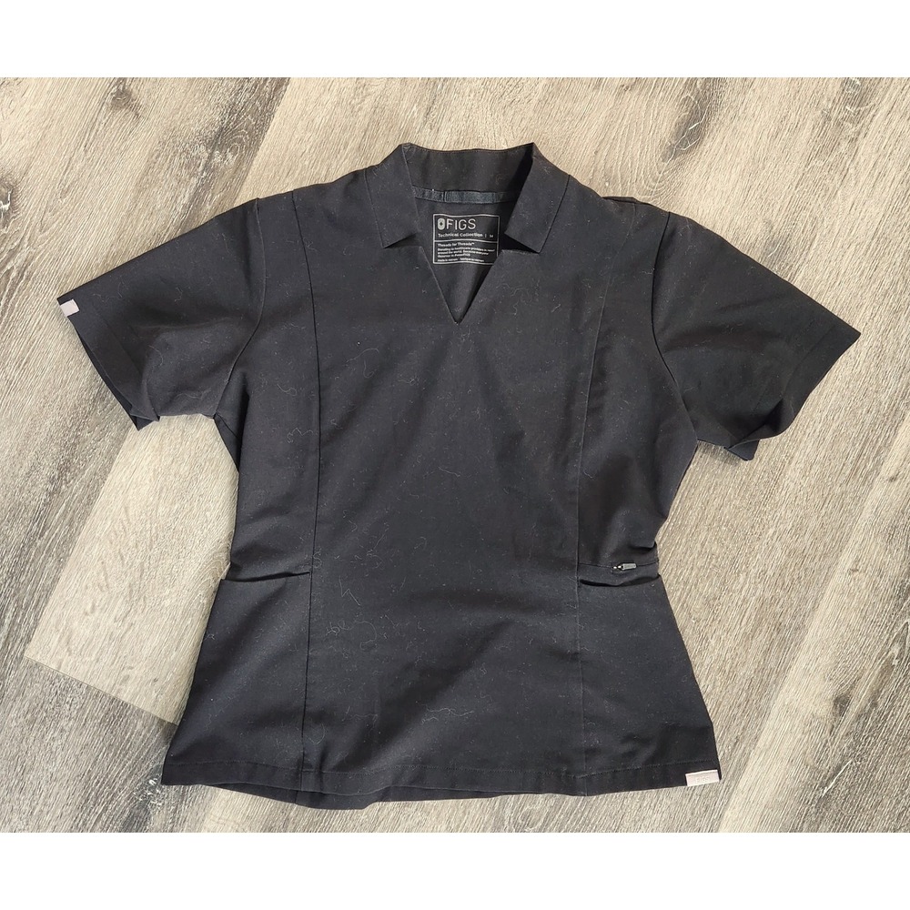 FIGS Technical Collection Black Scrub Top Women's Medium V-Neck Short Sleeve